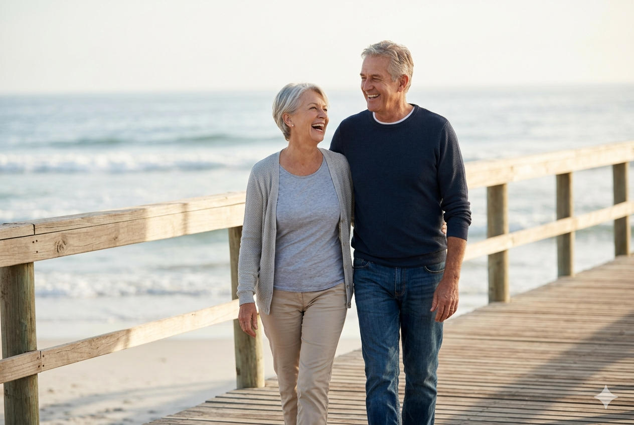 Couple enjoying retirement on a beach boardwalk