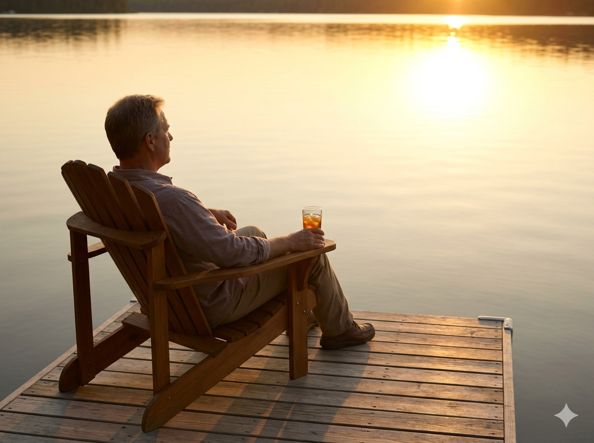 Former paving company owner relaxing by a lake after selling