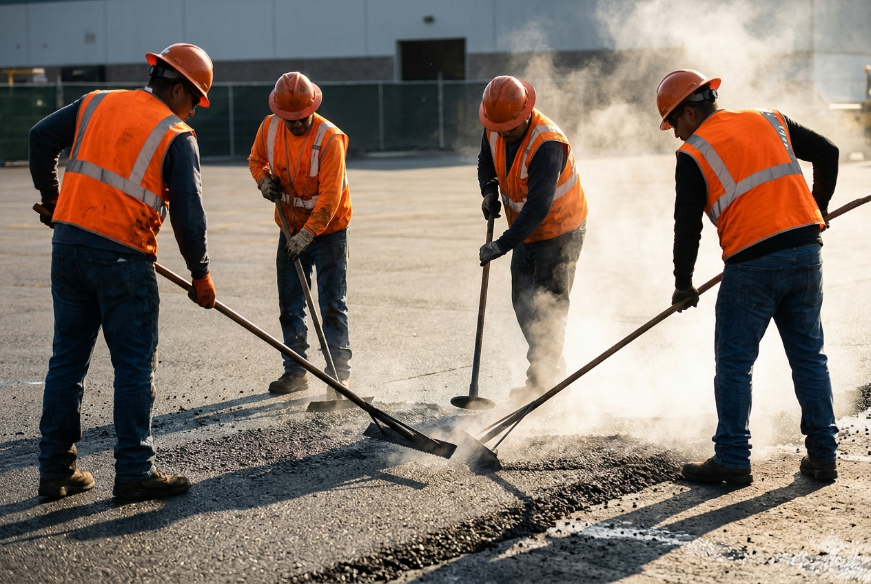 Paving crew working together on a fresh asphalt pour