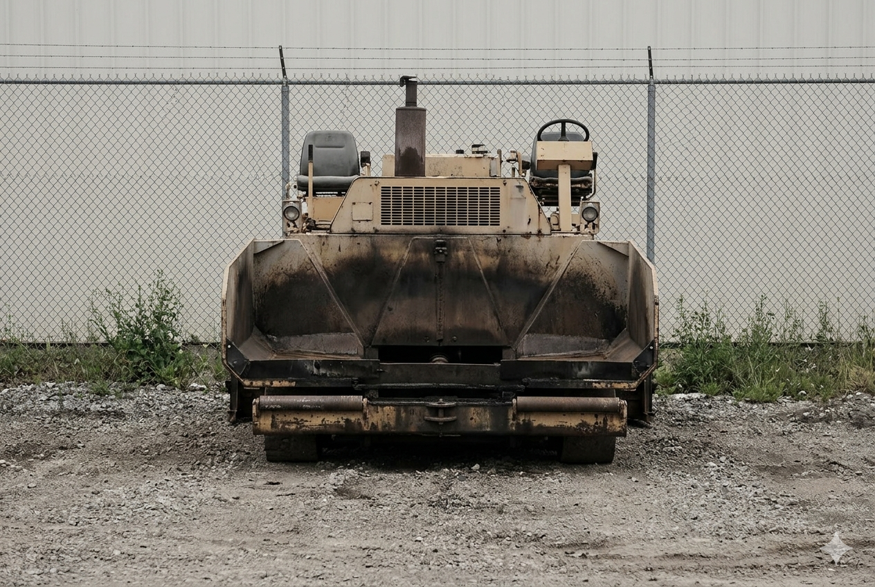 Idle paving equipment sitting in a company yard