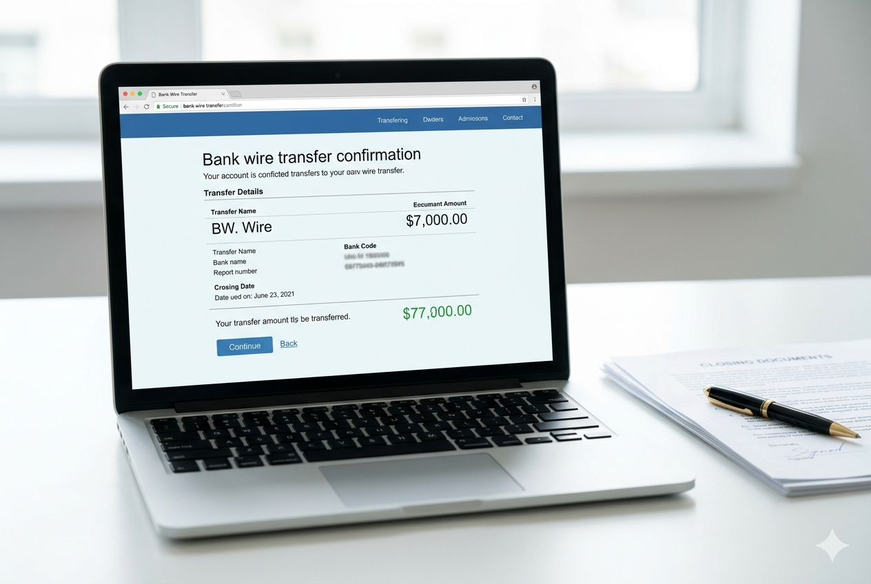 Wire transfer closing confirmation on a laptop screen